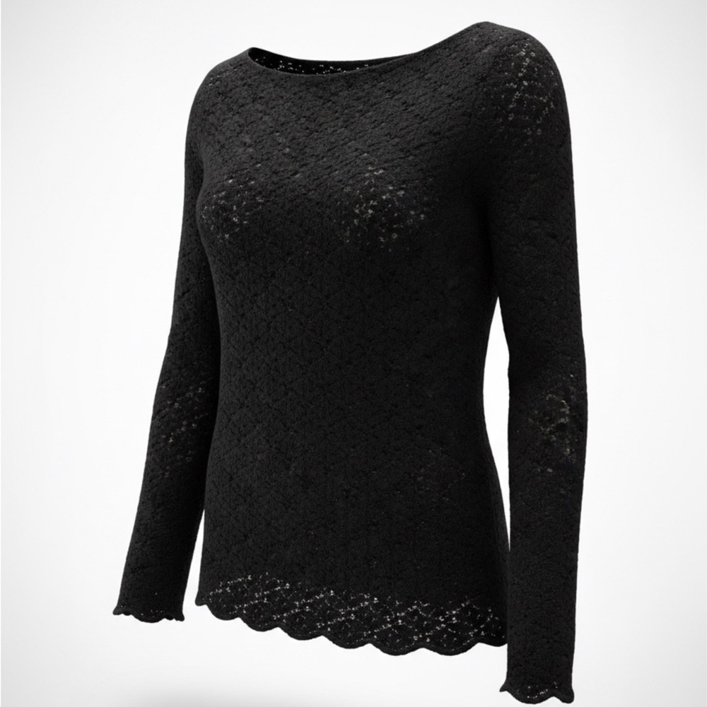 sanctuary Black Sheer Lace Long Sleeve Top with Scalloped Hem
